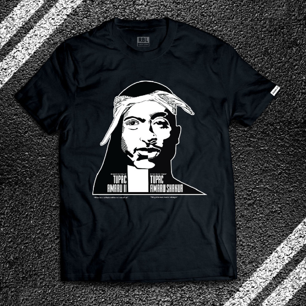 Split portrait t-shirt merging Tupac Amaru II and Tupac Amaru Shakur in black and white on a black RBL tee