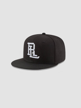 Raised By Latinos black fitted cap with white RBL monogram embroidery, front view