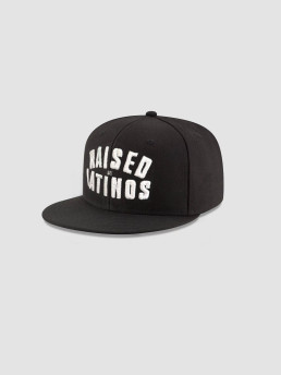 Raised By Latinos black cap with white block RAISED BY LATINOS embroidery, front view