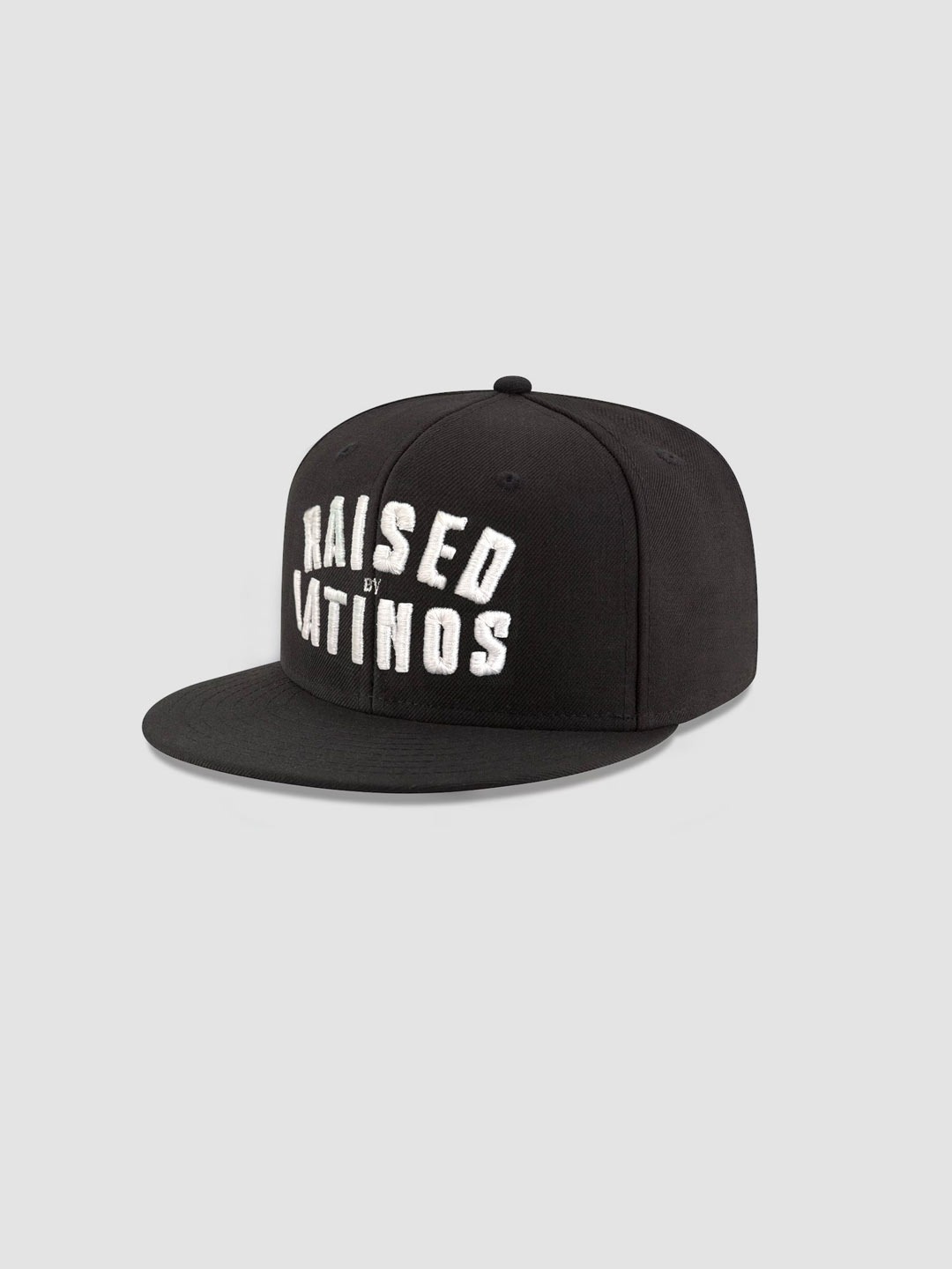 Raised By Latinos black cap with white block RAISED BY LATINOS embroidery, front view