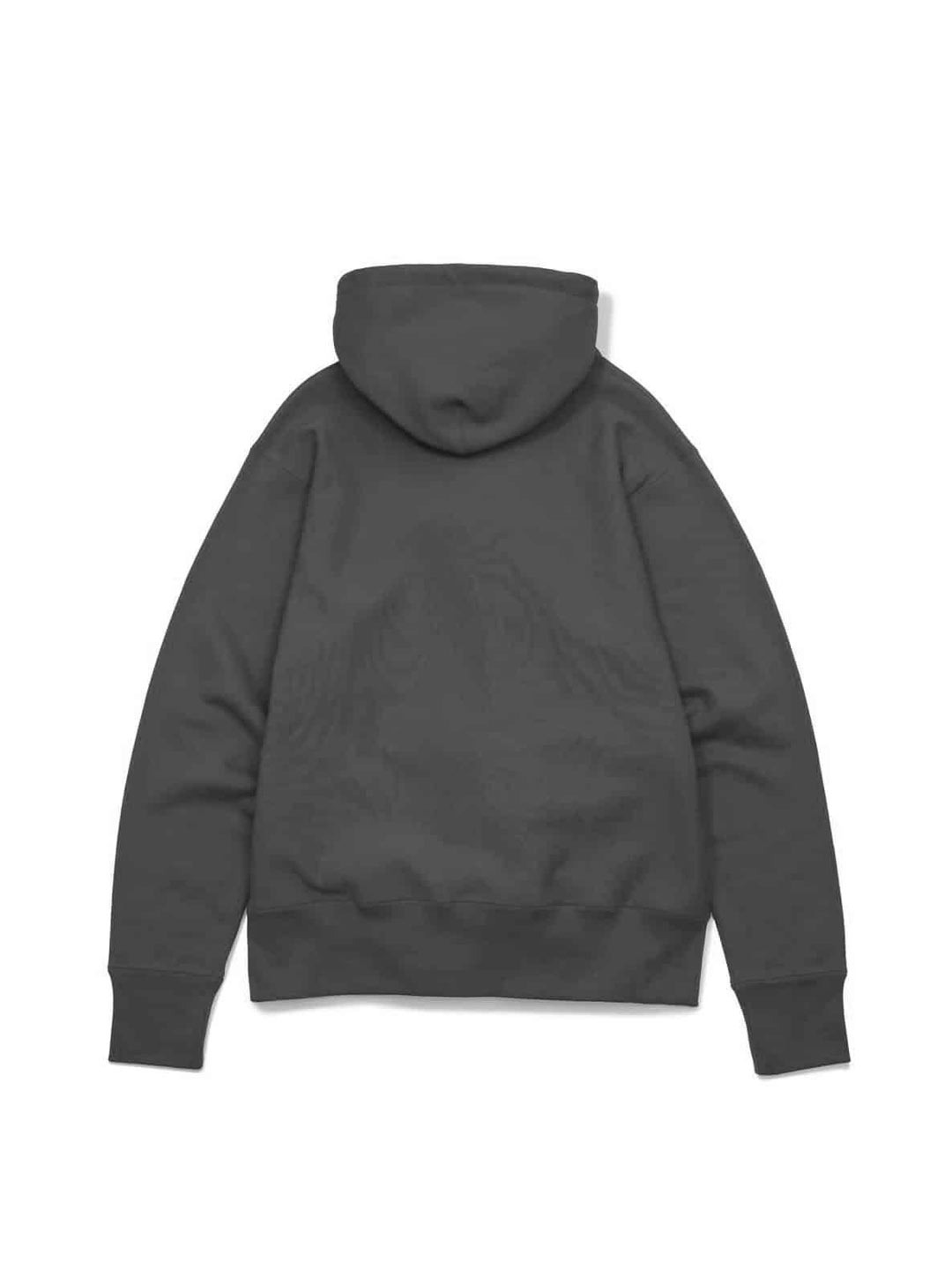Champions Hoodie in charcoal, flat lay back view, plain